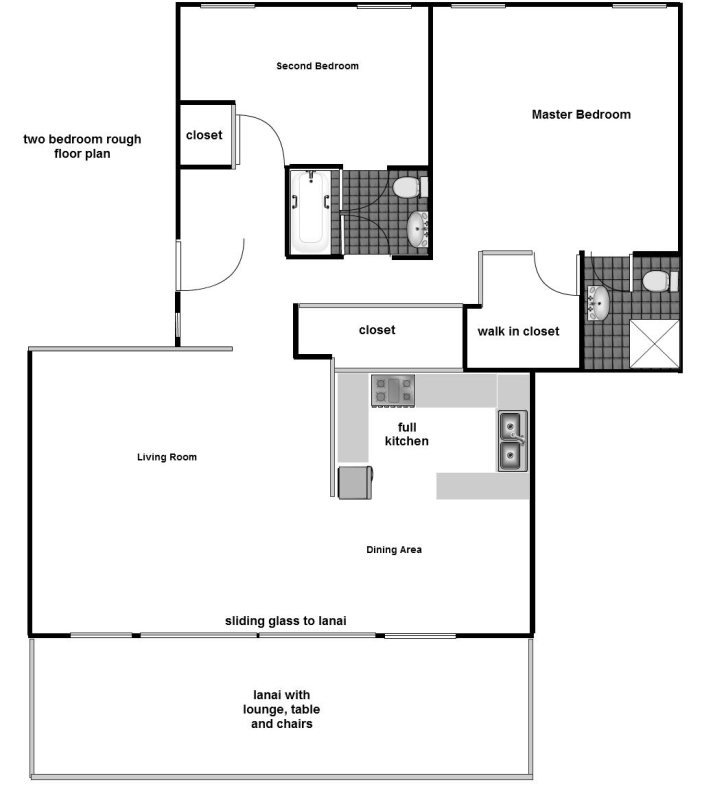 Floor Plan for  Lae Nani 416. Ground floor condo, walk out your lanai door and to the beach only steps away.